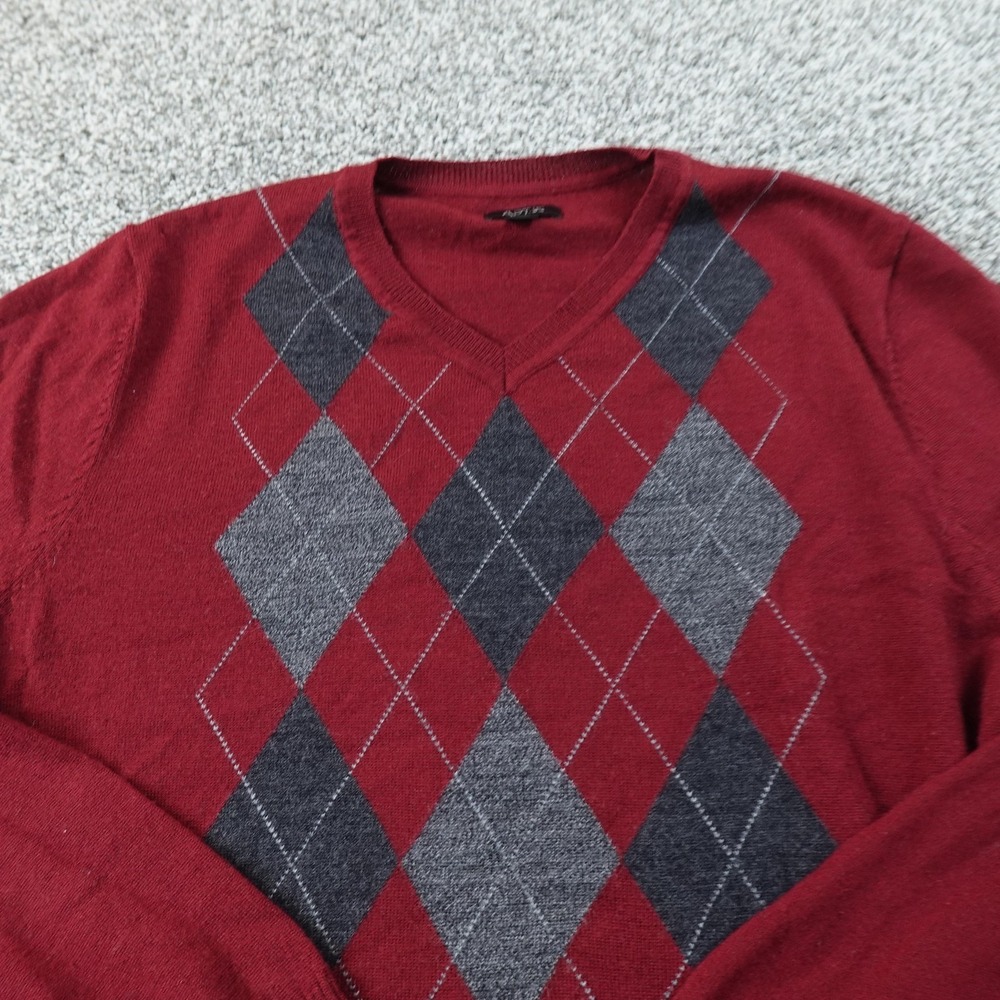 Apt 9 Sweater Mens M Red Merino Wool Blend Argyle V Neck Pullover Knit Grandpa